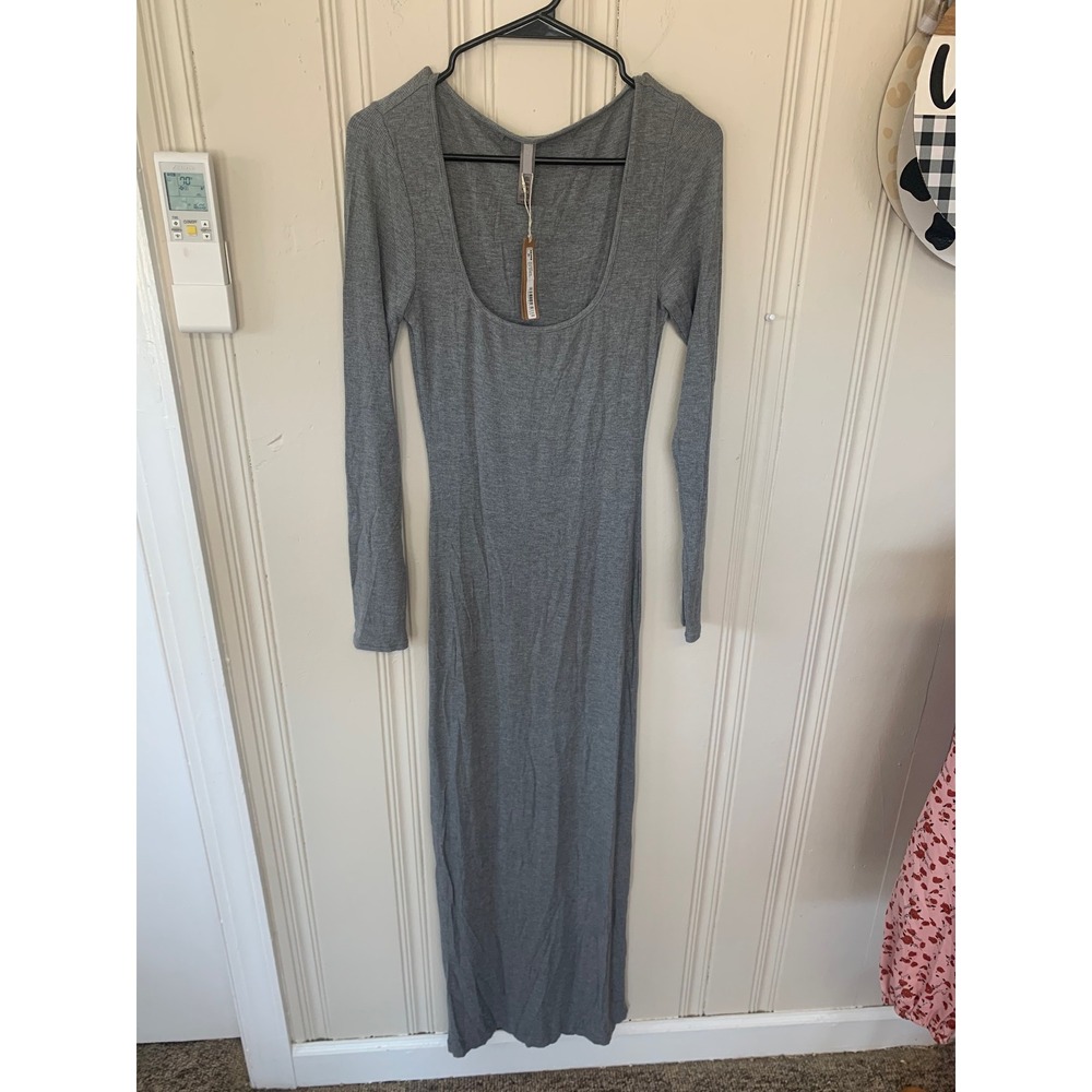 SKIMS‎ Soft Lounge Long Sleeve Dress Heather Gray Ribbed Maxi Scoop Neck L NWT